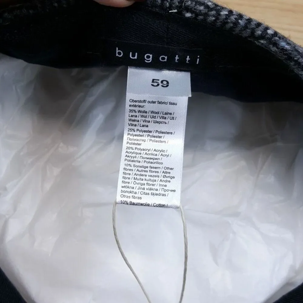 BUGATTI Baker Cap Mens Large Herringbone Light Grey Wool Blend Newsboy Flat Cap